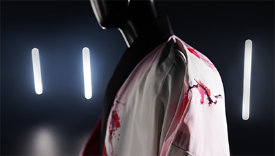 A profile from the shoulders up of a kimono on a mannequin with cherry blossom designs.